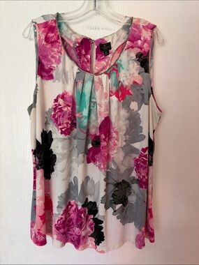 Floral Sleeveless Blouse in White with Pink & Gray Accents